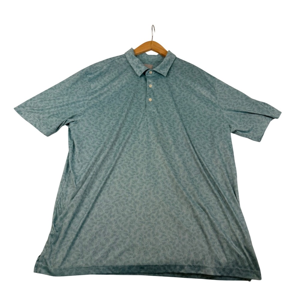Greg Norman ML75 Play Dry Mens XXL‎ Teal Blue Palm Frond Print Golf Polo Shirt